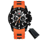 Relógio esportivo MiniFocus preto com pulseira de silicone laranja e cronógrafo