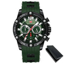 Relógio esportivo com cronógrafo, pulseira verde de silicone e caixa preta