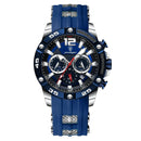 Relógio esportivo cronógrafo caixa azul prata pulseira silicone azul
