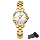 Relógio feminino Curren Blanche dourado com pulseira em aço inoxidável e mostrador branco