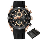 Relógio Naviforce cronógrafo com caixa rose gold, mostrador preto e pulseira de silicone