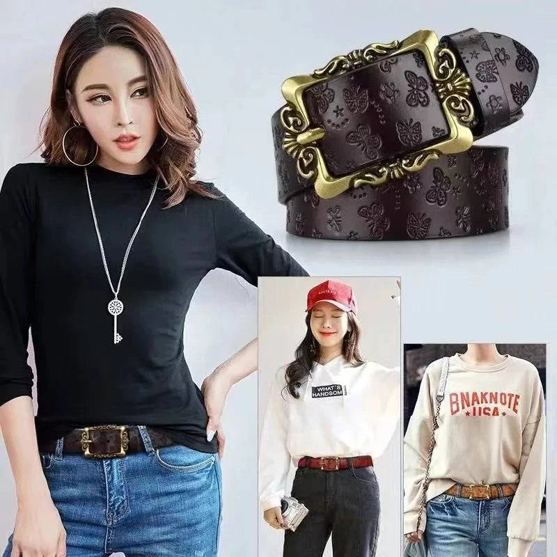 Alt text: Cinto de Couro Genuíno Feminino Marrom com Fivela Decorativa.