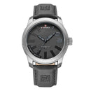Relógio de pulso em aço com pulseira de couro preto e mostrador texturizado