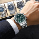 Relógio de pulso masculino com cronógrafo, mostrador verde-escuro e pulseira em aço inoxidável