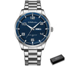 Relógio masculino aço inox com pulseira prata, mostrador azul e data