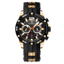 Relógio esportivo cronógrafo preto e dourado rose com pulseira de silicone