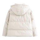 Jaqueta puffer feminina bege com capuz, vista traseira