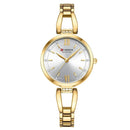 Relógio feminino de aço inox dourado com mostrador prata e numerais romanos
