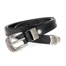 Cinto feminino em couro fino preto com fivela prata estilo western