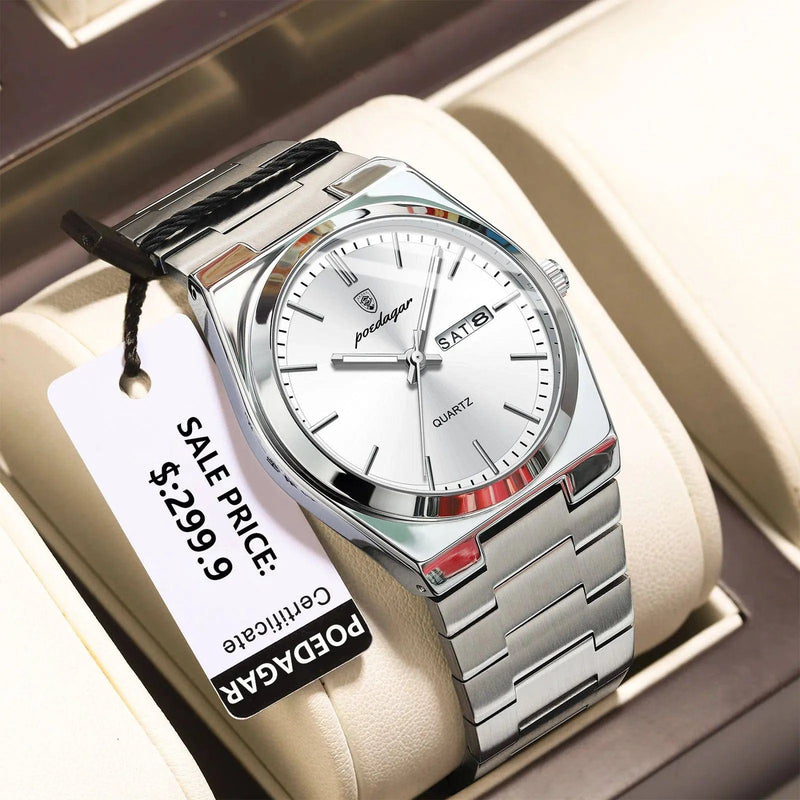 Relógio Masculino Poedagar Social de Aço Inox Prata Branco - Zellum