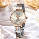 Relógio feminino com mostrador floral, pulseira em aço inoxidável prata e rosé