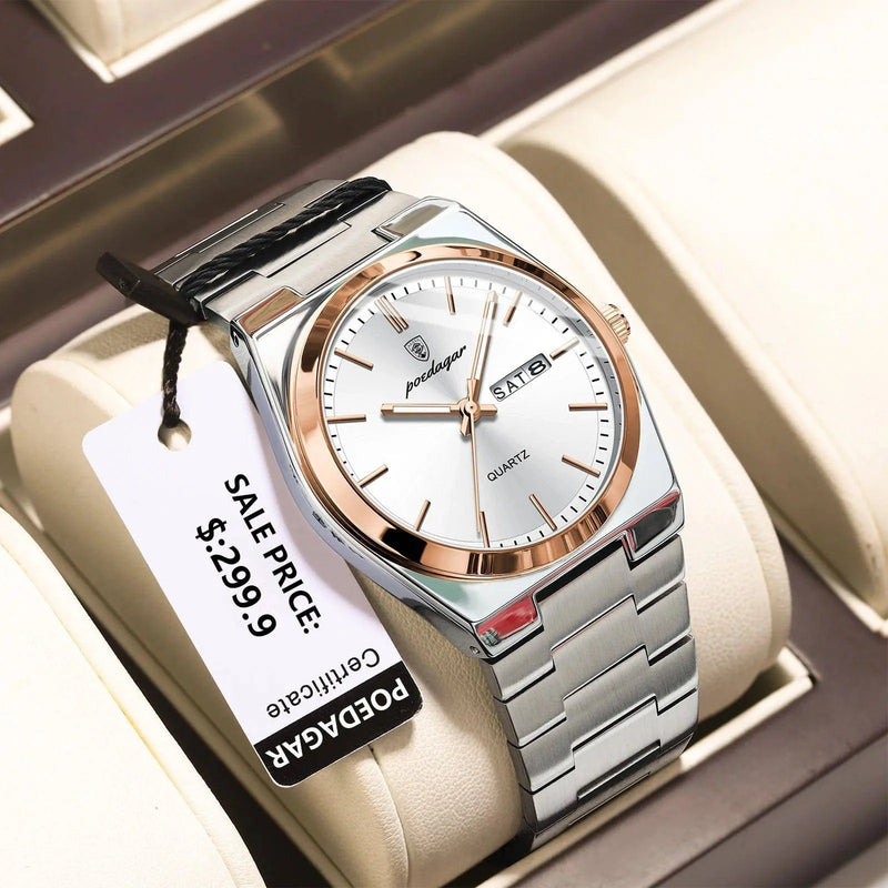 Relógio Masculino Poedagar Social de Aço Inox Rose Branco - Zellum