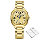 Relógio feminino Naviforce com caixa quadrada dourada, pulseira em aço e mostrador em números romanos