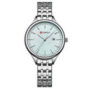 Relógio feminino Curren com mostrador azul claro, cristais e pulseira de aço inox