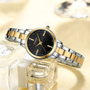 Relógio feminino bicolor prata e dourado com mostrador preto e pulseira em aço inoxidável