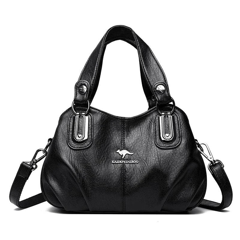 Alt text: Bolsa feminina de couro legítimo marrom com alça dupla elegante.