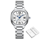 Relógio Naviforce feminino com caixa em barril, mostrador branco e numerais romanos, pulseira aço inox