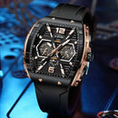 Relógio quadrado preto com detalhes rose gold e pulseira de silicone