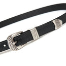 Cinto feminino em couro fino com fivela prateada estilo western