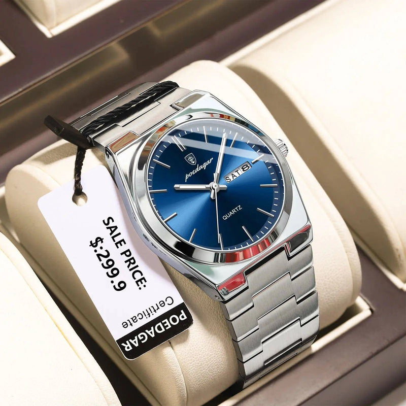 Relógio Masculino Poedagar Social de Aço Inox Prata Azul - Zellum