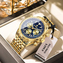 Relógio cronógrafo dourado com mostrador azul e pulseira em aço