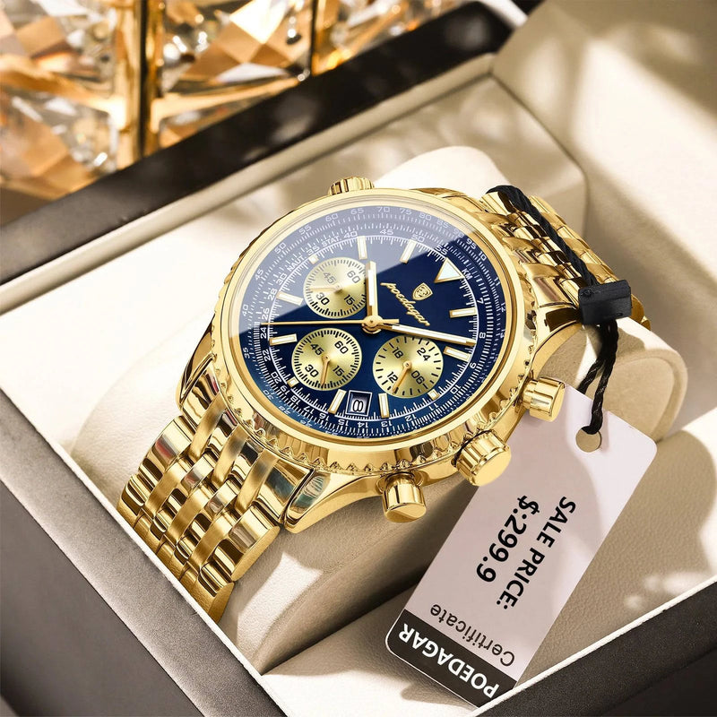 Relógio Masculino de Luxo Poedagar com Cronógrafo Dourado Azul - Zellum