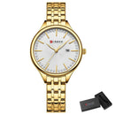 Relógio feminino dourado com mostrador branco e pulseira em aço inoxidável