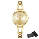 Relógio feminino dourado com mostrador de cristais, pulseira de aço inox e caixa de presente