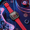 Relógio esportivo quadrado com pulseira vermelha e cronógrafo em fundo temático de tecnologia