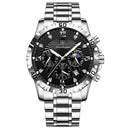 Relógio masculino de aço inox com cronógrafo, mostrador preto e pulseira prateada