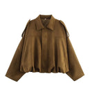 Jaqueta bomber feminina oversized de camurça com gola camisa e zíper Zellum