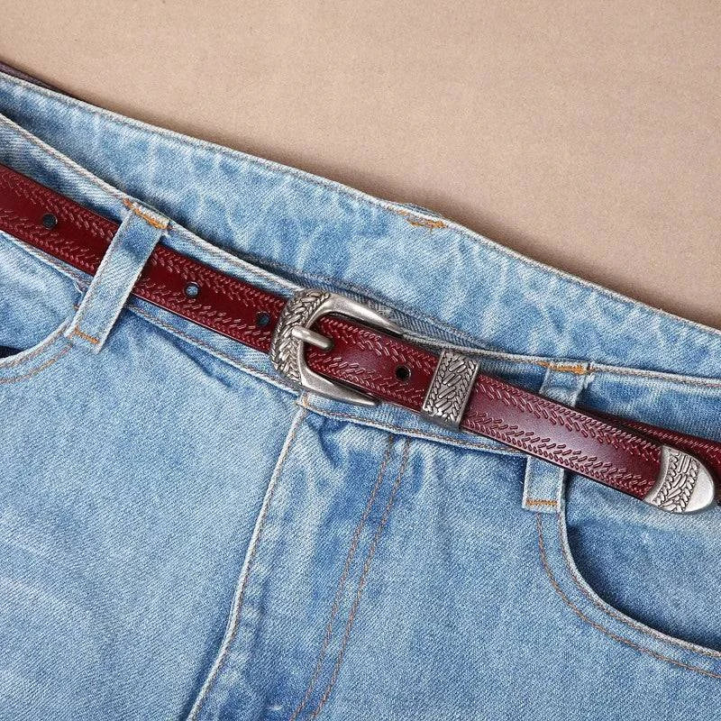 Cinto Feminino Feito em Couro Fino Estilo Western - Zellum