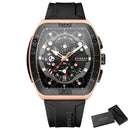 Relógio quadrado Curren com caixa rose gold, mostrador preto e pulseira de silicone