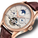 Relógio automático rosê com mostrador branco, janela de tourbillion e indicador de fase lunar