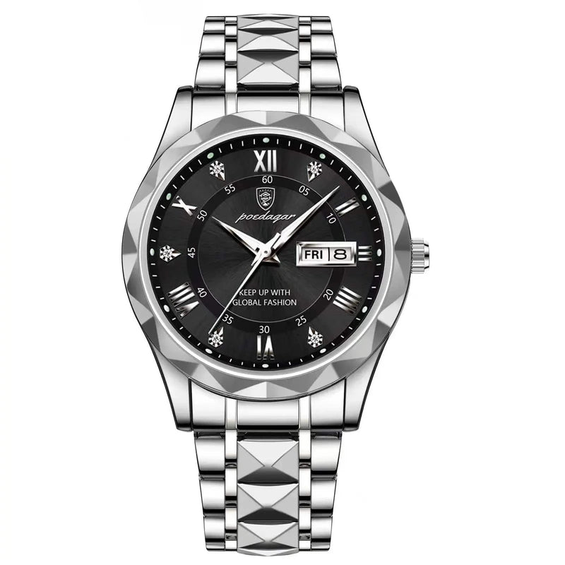 Relógio Masculino de Luxo Poedagar Feito em Aço Inox Prata Preto - Zellum