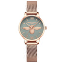 Relógio feminino com mostrador cinza e motivo de abelha em rose gold, pulseira de malha