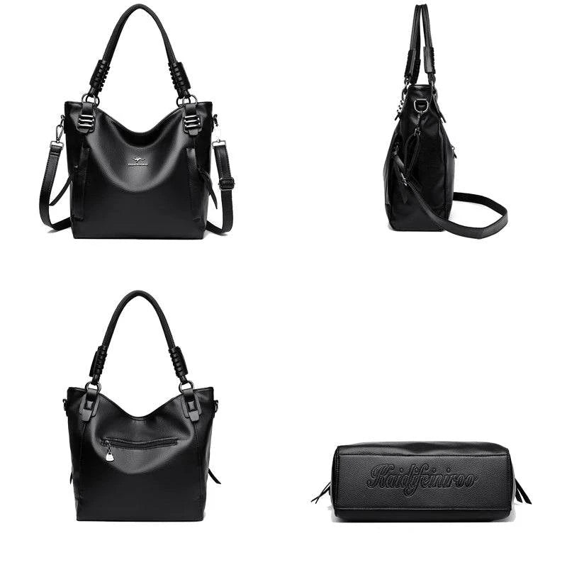 Alt text: Bolsa feminina de couro tote preta com alça dupla elegante.