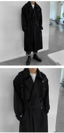 Sobretudo trench coat preto masculino até os joelhos com cinto e lapela