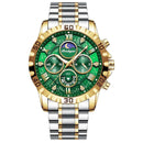 Relógio masculino cronógrafo com mostrador verde, fase da lua e pulseira aço inox bicolor