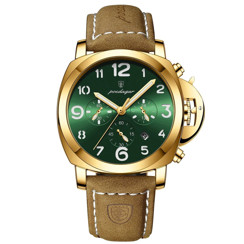 Relógio Masculino Poedagar Social Com Pulseira de Couro Dourado verde - Zellum
