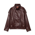 Jaqueta de couro sintético feminina oversized gola alta Zellum, preto, marrom ou bordô
