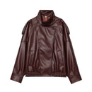 Jaqueta de couro sintético feminina oversized gola alta Zellum, preto, marrom ou bordô