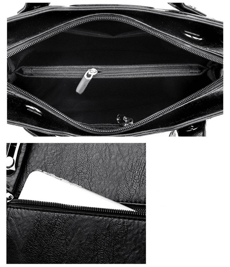 Bolsa feminina de couro crossbody preta com alças duplas.