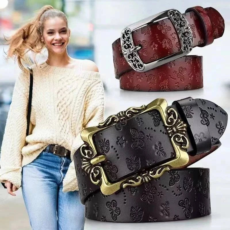 Cinto de Couro Genuíno Feminino Marrom com Fivela Decorativa.