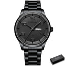Relógio masculino preto em aço inox com pulseira de elo e janela de data