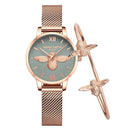 Relógio feminino Hannah Martin Bee mostrador verde com abelha, pulseira malha e brinde pulseira abelha