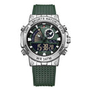 Relógio esportivo prata com pulseira verde, mostrador analógico e digital