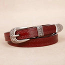 Cinto feminino em couro vermelho com fivela prateada estilo Western