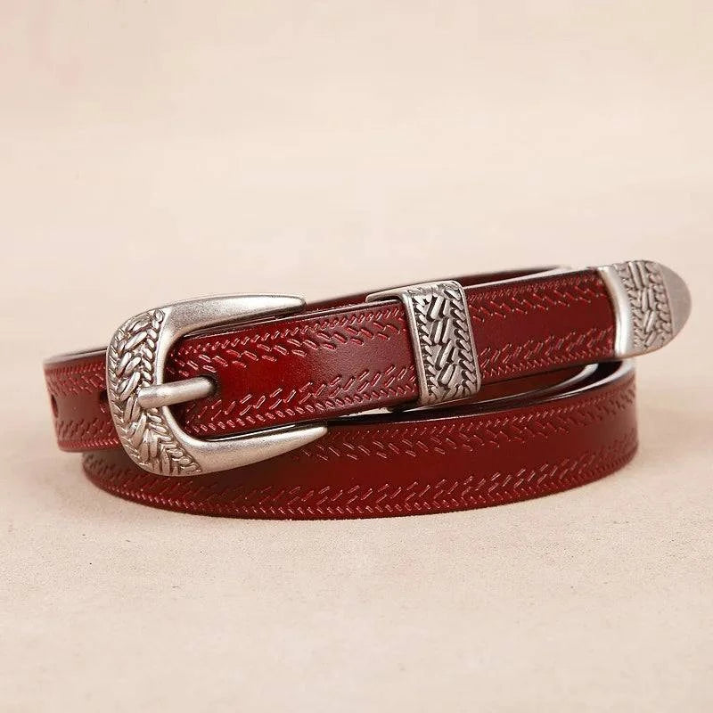 Cinto Feminino Feito em Couro Fino Estilo Western Vermelho - Zellum