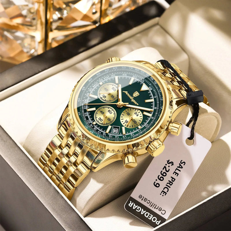Relógio Masculino de Luxo Poedagar com Cronógrafo Dourado Verde - Zellum